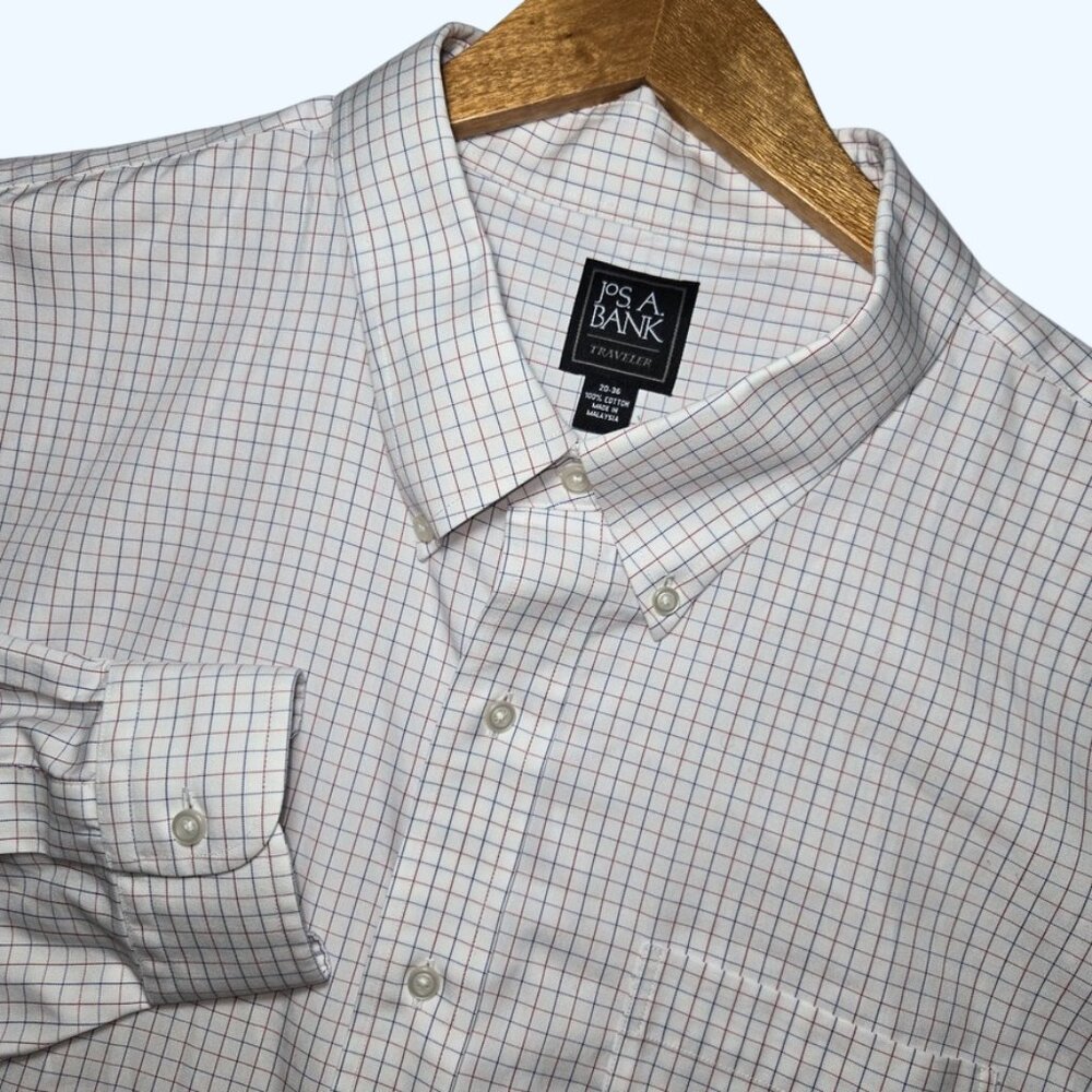 Jos. A. Bank Traveler Mens 20-36 Dress Shirt White Blue Red Tattersall Check